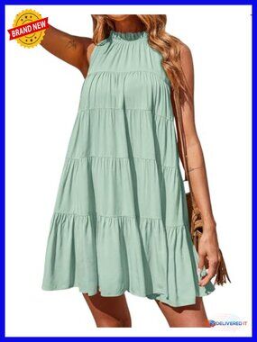 Sleeveless Halter Neck Flowy Mini Sundress Summer Babydoll Beach Dress